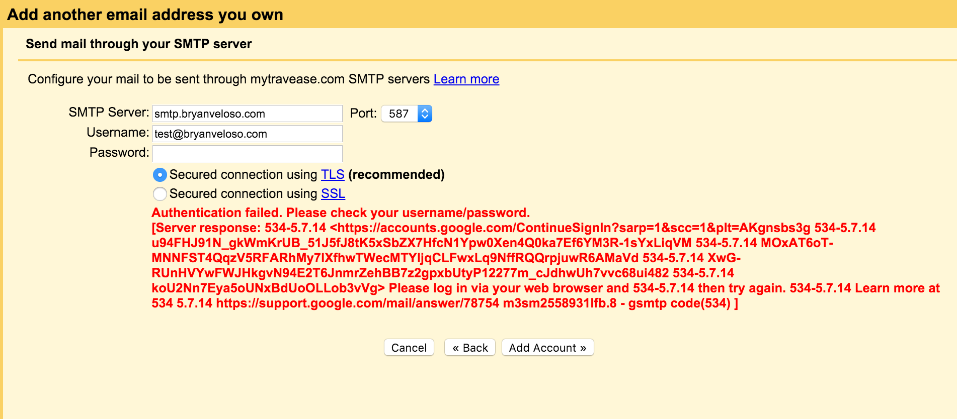 gmail add another email address you own authentication failed