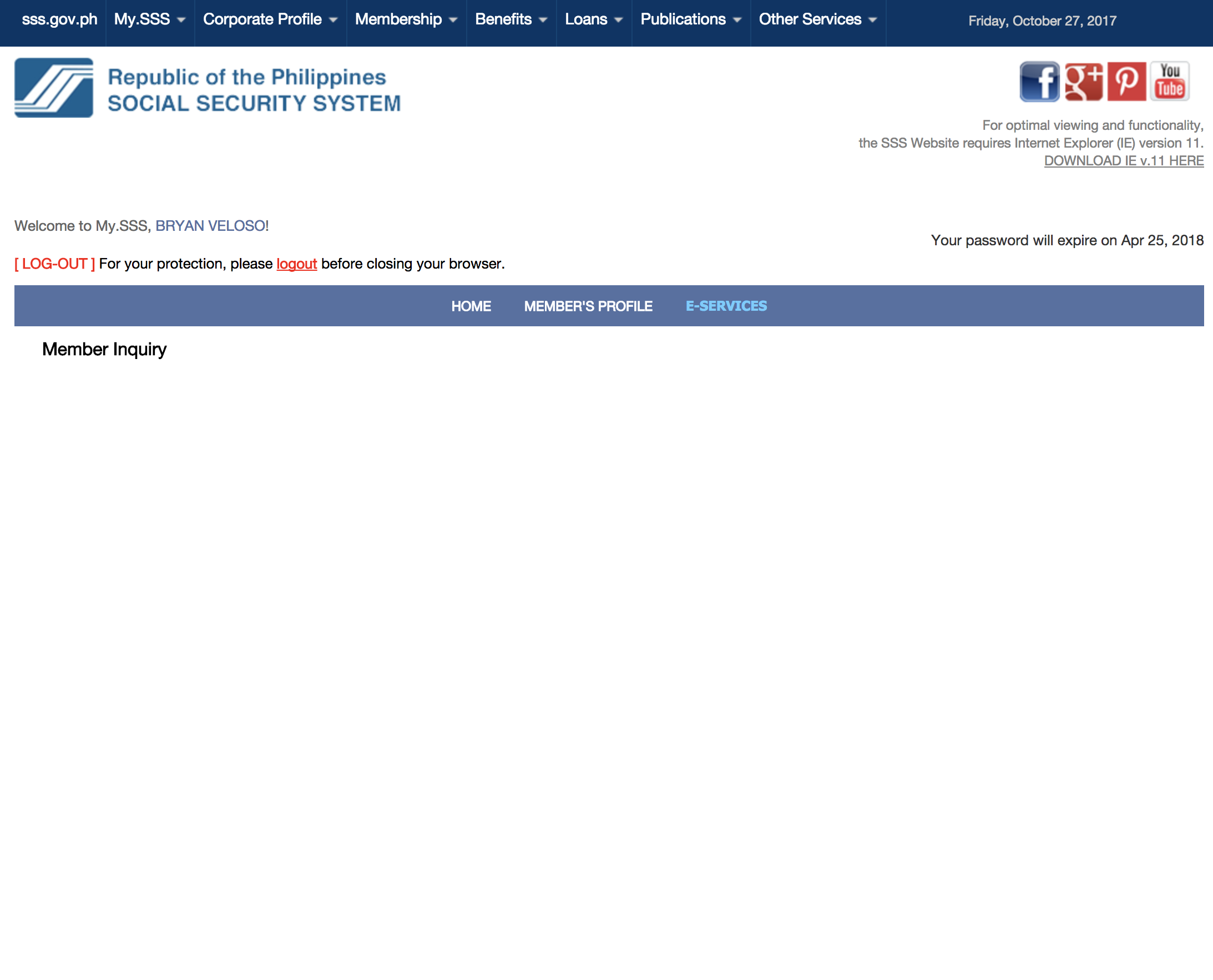 SSS e-services inquiry page is blank!